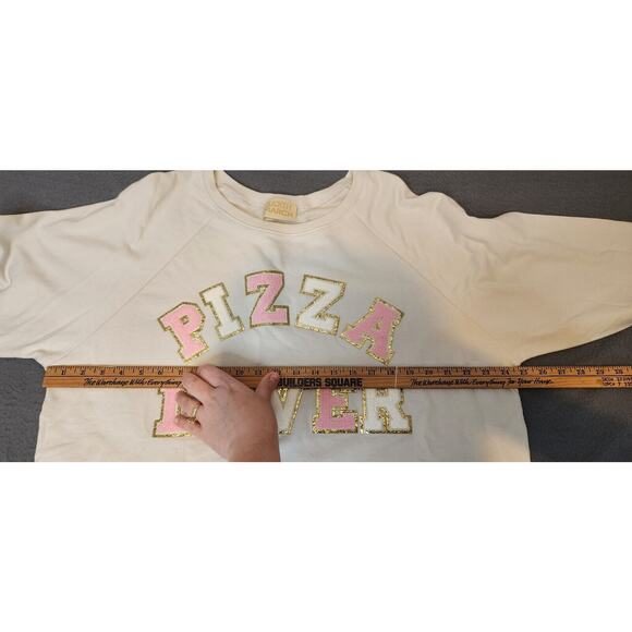 Judith March Large Ivory Pink Pizza Lover Cropped Oversized Sequin Sweatshirt - Picture 6 of 11